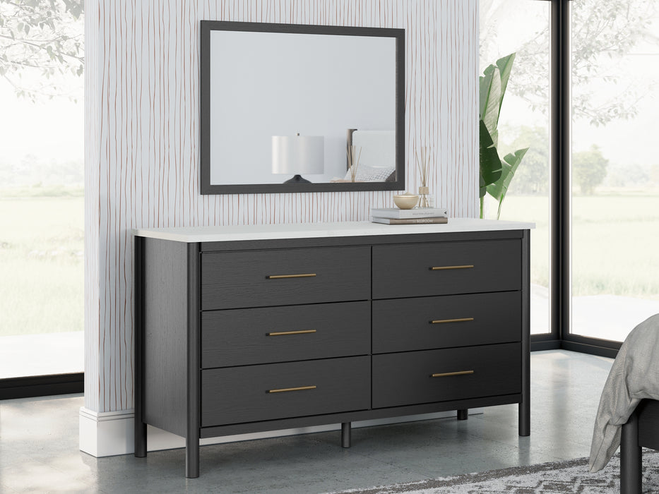 Cadmori King Upholstered Panel Bed with Mirrored Dresser, Chest and Nightstand