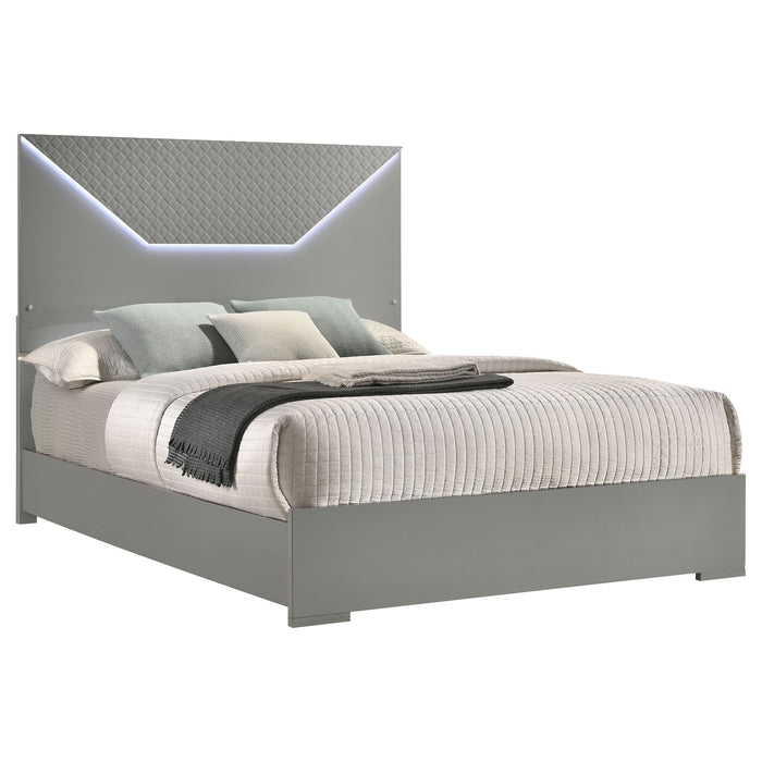 Ives Queen Panel Bed LED Headboard Grey High Gloss