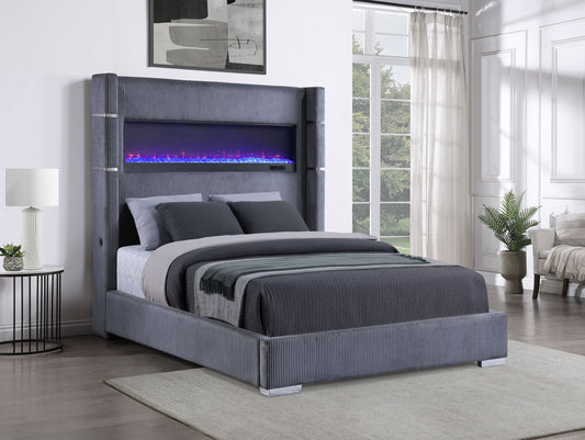 Tisdall 67-inch Upholstered Eastern King Fireplace Bed Grey