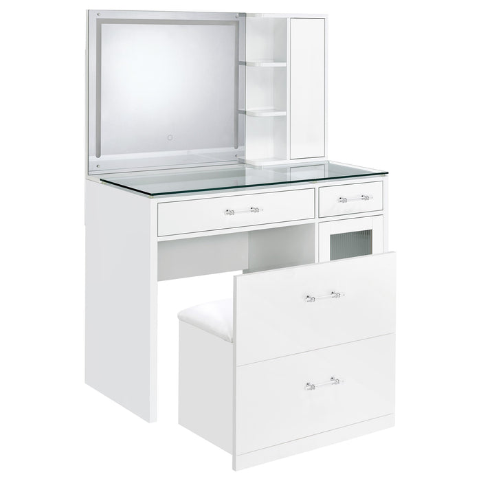 Flora 2-drawer Vanity Table Set LED Mirror and Stool White High Gloss