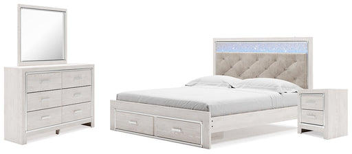 Altyra King Upholstered Storage Bed with Mirrored Dresser and Nightstand Tuscaloosa Furniture Outlet