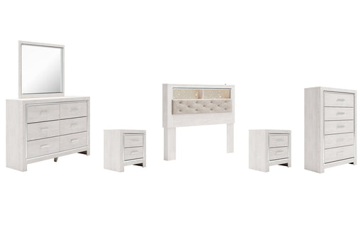 Altyra Queen Bookcase Headboard with Mirrored Dresser, Chest and 2 Nightstands Tuscaloosa Furniture Outlet