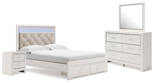 Altyra Queen Upholstered Storage Bed with Mirrored Dresser and Nightstand Tuscaloosa Furniture Outlet