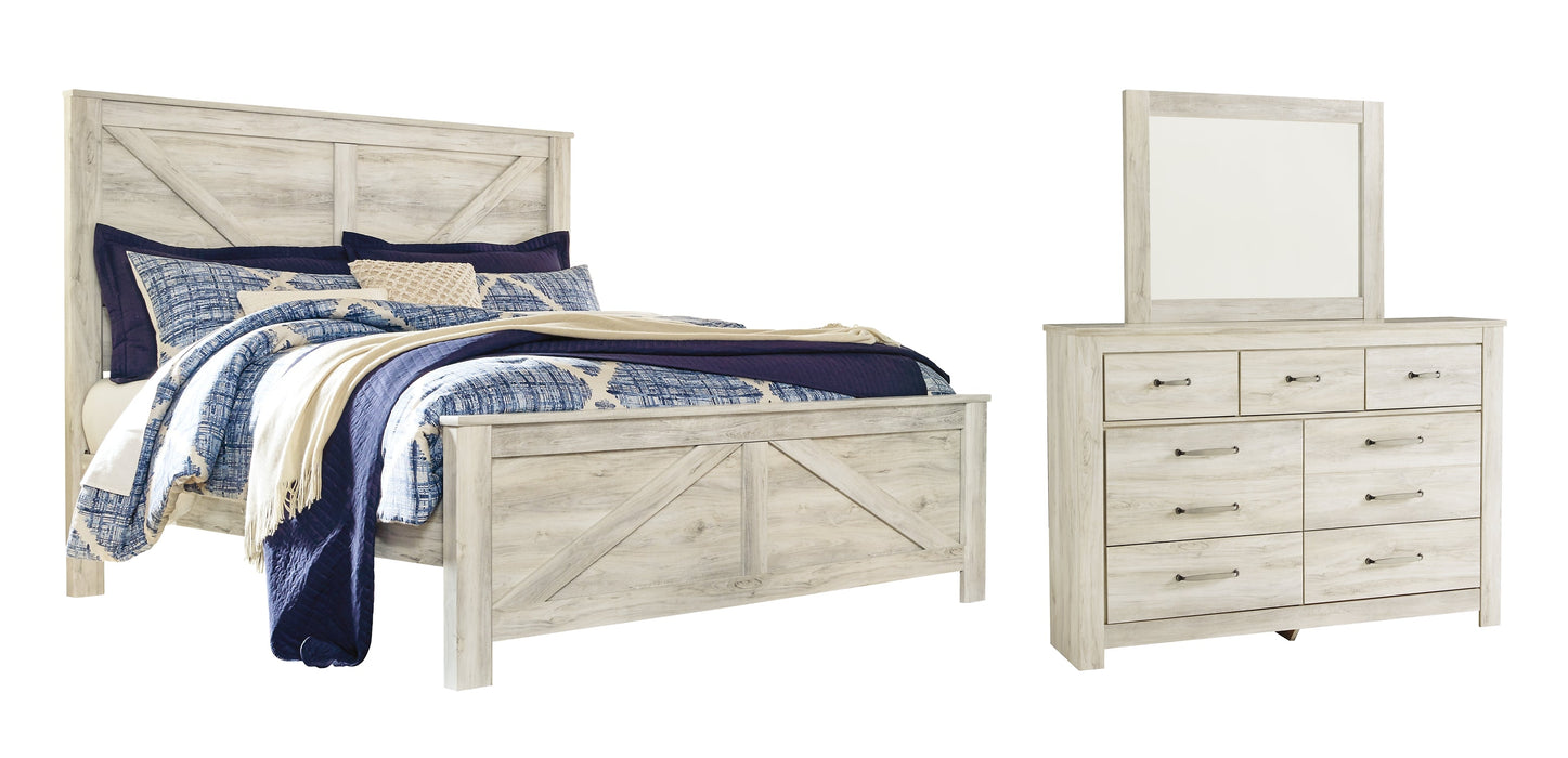 Bellaby Queen Crossbuck Panel Bed with Mirrored Dresser Tuscaloosa Furniture Outlet