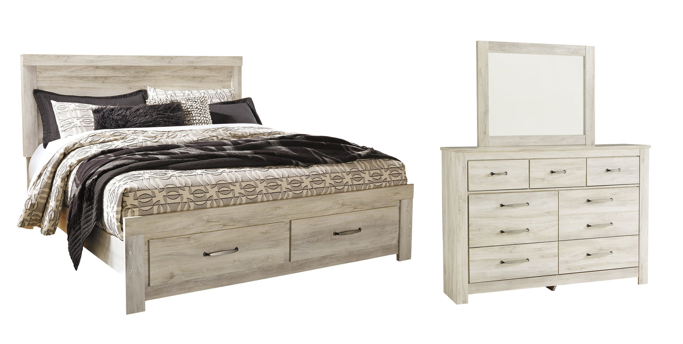 Bellaby Queen Platform Bed with 2 Storage Drawers with Mirrored Dresser Tuscaloosa Furniture Outlet