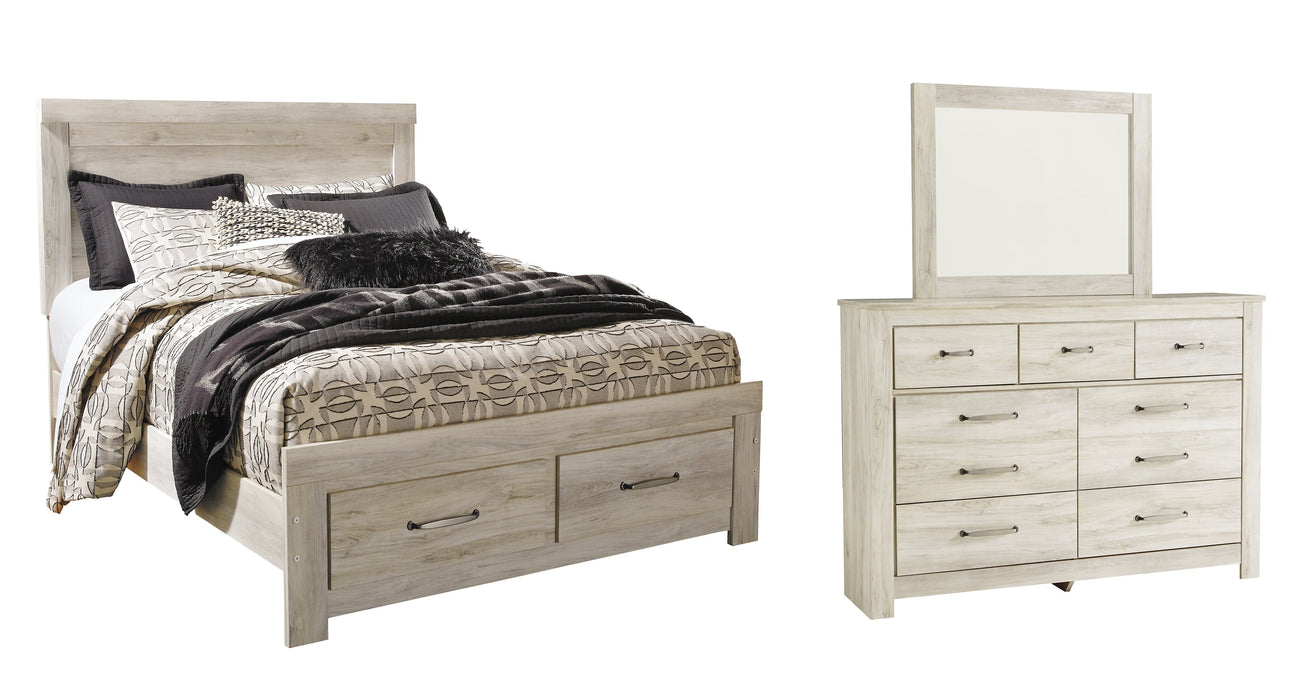 Bellaby Queen Platform Bed with 2 Storage Drawers with Mirrored Dresser Tuscaloosa Furniture Outlet