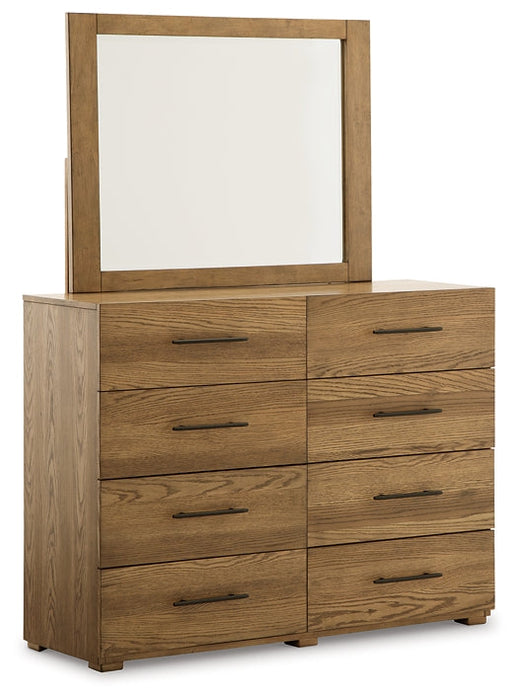 Dakmore King Upholstered Bed with Mirrored Dresser, Chest and Nightstand Tuscaloosa Furniture Outlet