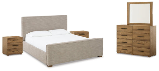 Dakmore King Upholstered Bed with Mirrored Dresser and 2 Nightstands Tuscaloosa Furniture Outlet