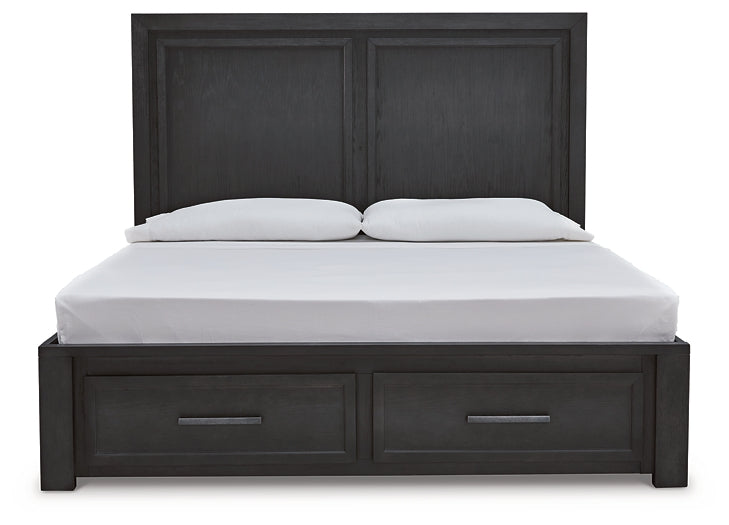 Foyland California King Panel Storage Bed with Mirrored Dresser, Chest and 2 Nightstands Tuscaloosa Furniture Outlet