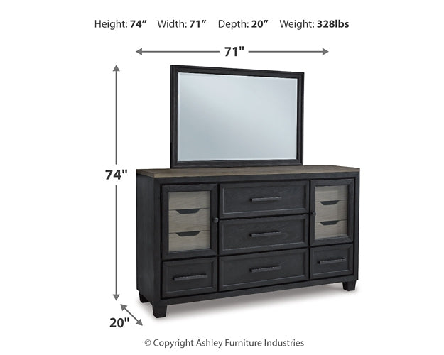 Foyland California King Panel Storage Bed with Mirrored Dresser, Chest and 2 Nightstands Tuscaloosa Furniture Outlet