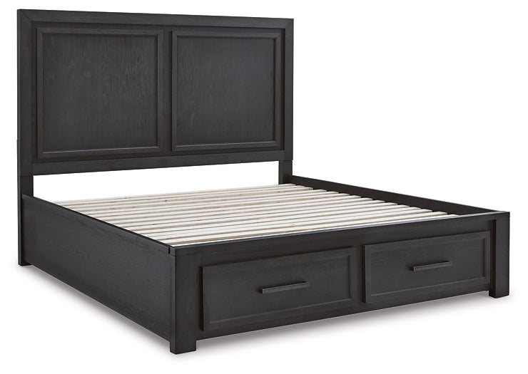 Foyland California King Panel Storage Bed with Mirrored Dresser, Chest and 2 Nightstands Tuscaloosa Furniture Outlet