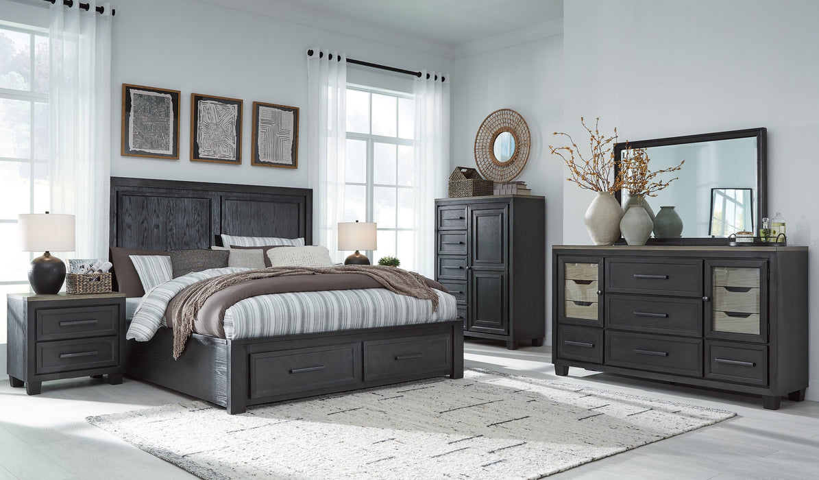 Foyland California King Panel Storage Bed with Mirrored Dresser, Chest and 2 Nightstands Tuscaloosa Furniture Outlet