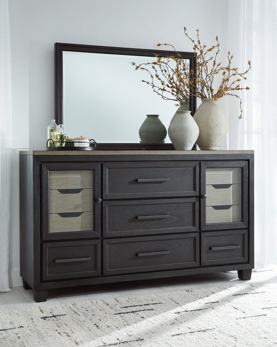 Foyland California King Panel Storage Bed with Mirrored Dresser, Chest and 2 Nightstands Tuscaloosa Furniture Outlet