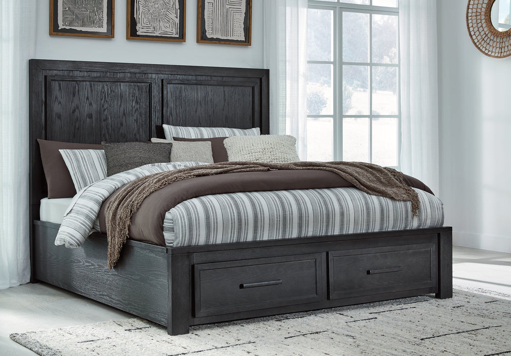 Foyland California King Panel Storage Bed with Mirrored Dresser, Chest and 2 Nightstands Tuscaloosa Furniture Outlet