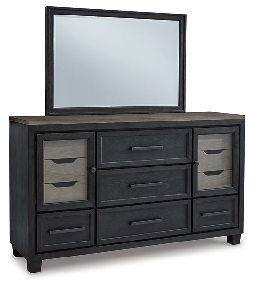 Foyland King Panel Storage Bed with Mirrored Dresser Tuscaloosa Furniture Outlet