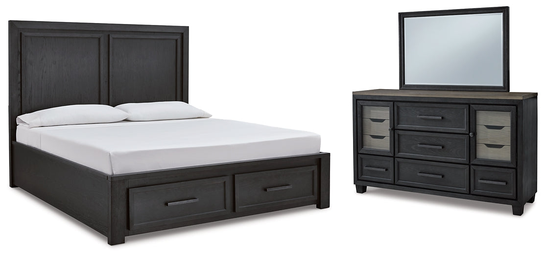 Foyland King Panel Storage Bed with Mirrored Dresser Tuscaloosa Furniture Outlet