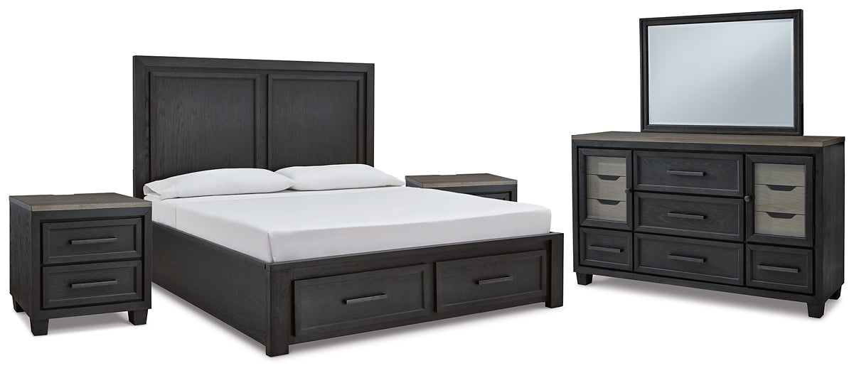 Foyland Queen Panel Storage Bed with Mirrored Dresser and 2 Nightstands Tuscaloosa Furniture Outlet