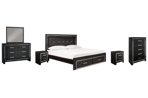 Kaydell King Panel Bed with Storage with Mirrored Dresser, Chest and 2 Nightstands Tuscaloosa Furniture Outlet