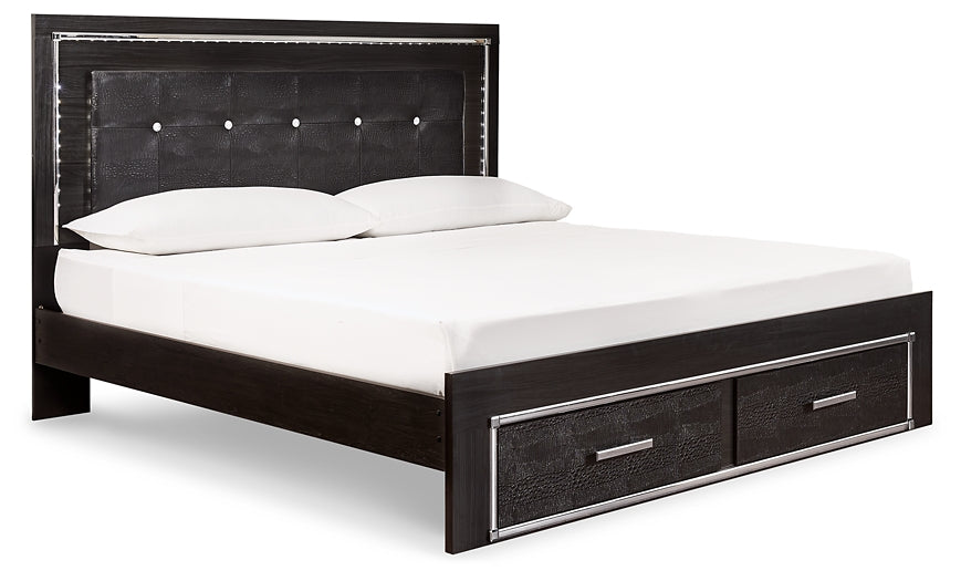 Kaydell King Panel Bed with Storage with Mirrored Dresser Tuscaloosa Furniture Outlet