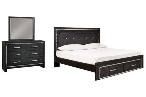 Kaydell King Panel Bed with Storage with Mirrored Dresser Tuscaloosa Furniture Outlet