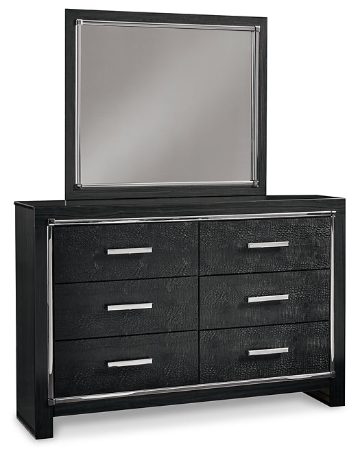 Kaydell King Panel Bed with Storage with Mirrored Dresser Tuscaloosa Furniture Outlet