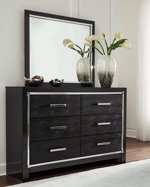 Kaydell King Panel Bed with Storage with Mirrored Dresser Tuscaloosa Furniture Outlet