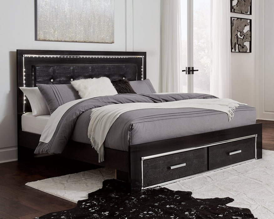 Kaydell King Panel Bed with Storage with Mirrored Dresser Tuscaloosa Furniture Outlet