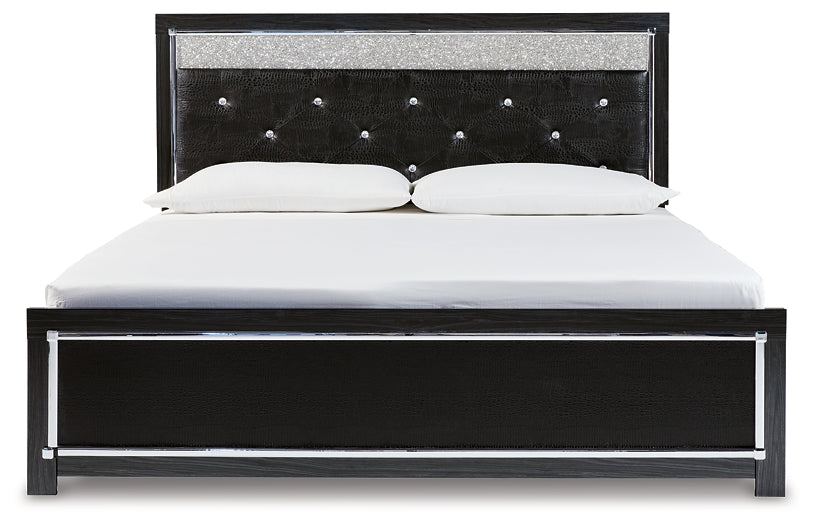 Kaydell King Upholstered Panel Bed with Mirrored Dresser, Chest and Nightstand Tuscaloosa Furniture Outlet