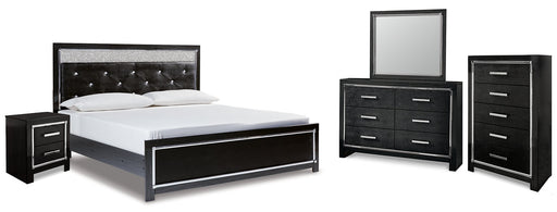 Kaydell King Upholstered Panel Bed with Mirrored Dresser, Chest and Nightstand Tuscaloosa Furniture Outlet