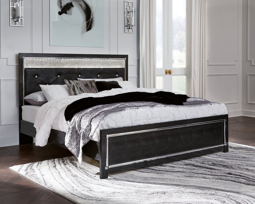 Kaydell King Upholstered Panel Bed with Mirrored Dresser, Chest and Nightstand Tuscaloosa Furniture Outlet