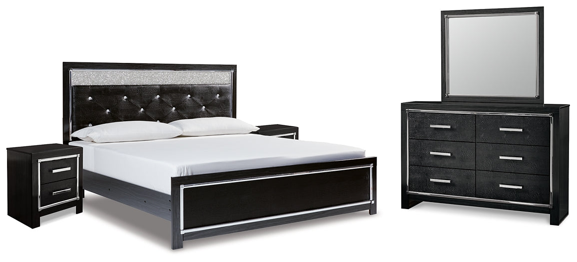 Kaydell King Upholstered Panel Bed with Mirrored Dresser and 2 Nightstands Tuscaloosa Furniture Outlet