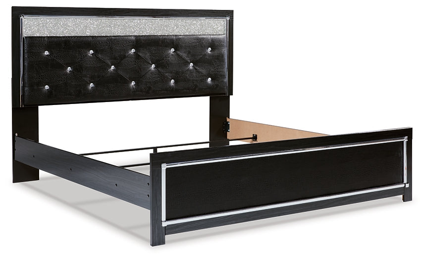 Kaydell King Upholstered Panel Platform Bed with Mirrored Dresser, Chest and Nightstand Tuscaloosa Furniture Outlet