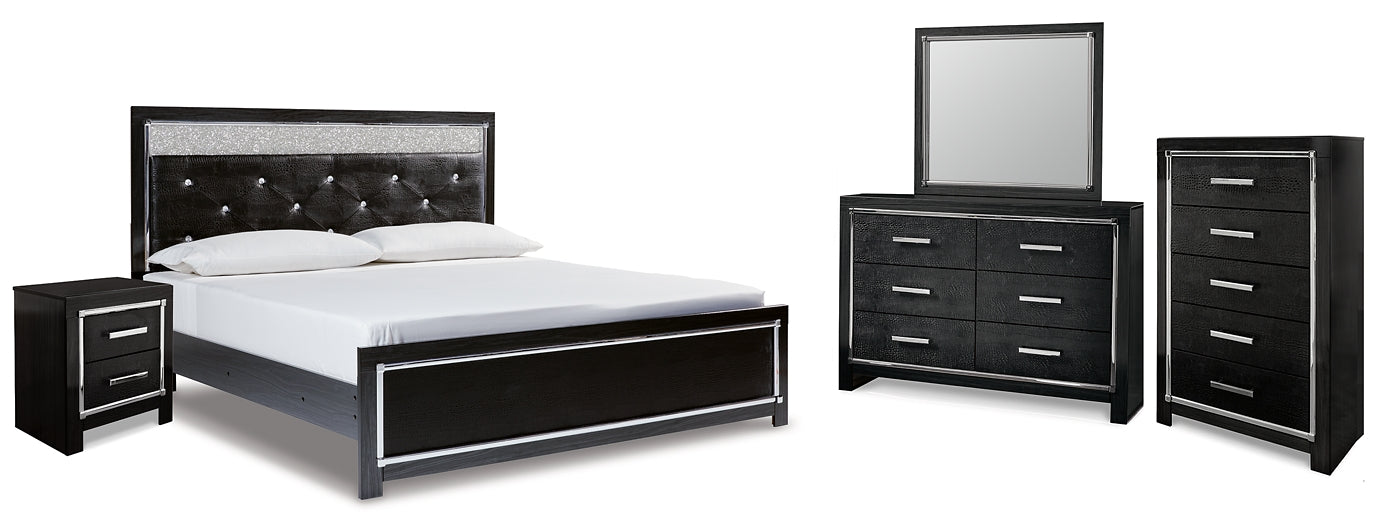 Kaydell King Upholstered Panel Platform Bed with Mirrored Dresser, Chest and Nightstand Tuscaloosa Furniture Outlet