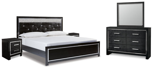 Kaydell King Upholstered Panel Platform Bed with Mirrored Dresser and 2 Nightstands Tuscaloosa Furniture Outlet