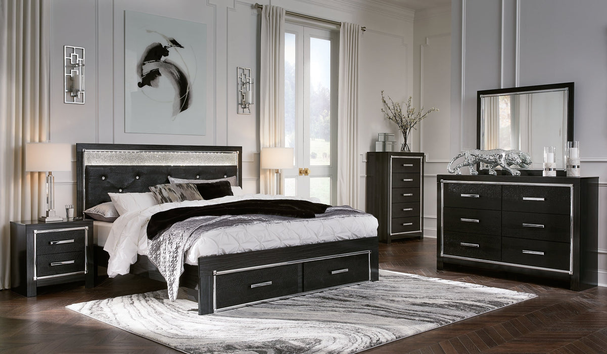 Kaydell King Upholstered Panel Storage Bed with Mirrored Dresser, Chest and Nightstand Tuscaloosa Furniture Outlet