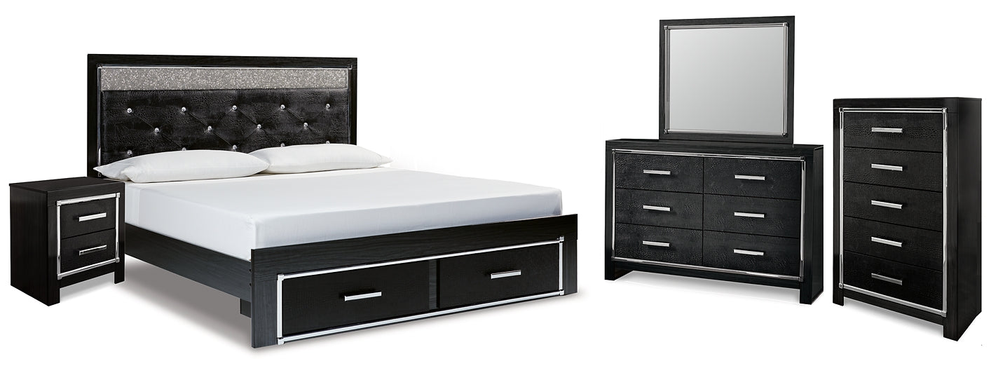 Kaydell King Upholstered Panel Storage Bed with Mirrored Dresser, Chest and Nightstand Tuscaloosa Furniture Outlet