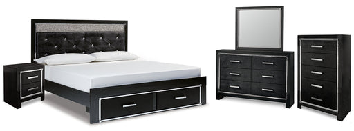 Kaydell King Upholstered Panel Storage Bed with Mirrored Dresser, Chest and Nightstand Tuscaloosa Furniture Outlet