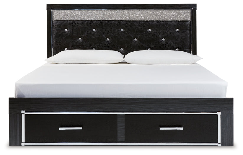 Kaydell King Upholstered Panel Storage Bed with Mirrored Dresser, Chest and Nightstand Tuscaloosa Furniture Outlet