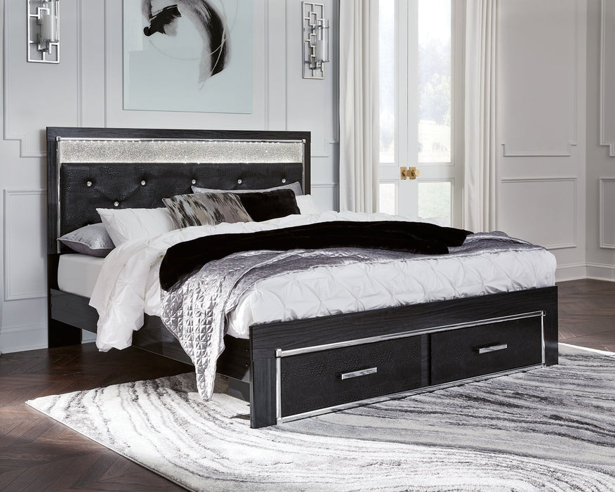 Kaydell King Upholstered Panel Storage Bed with Mirrored Dresser, Chest and Nightstand Tuscaloosa Furniture Outlet