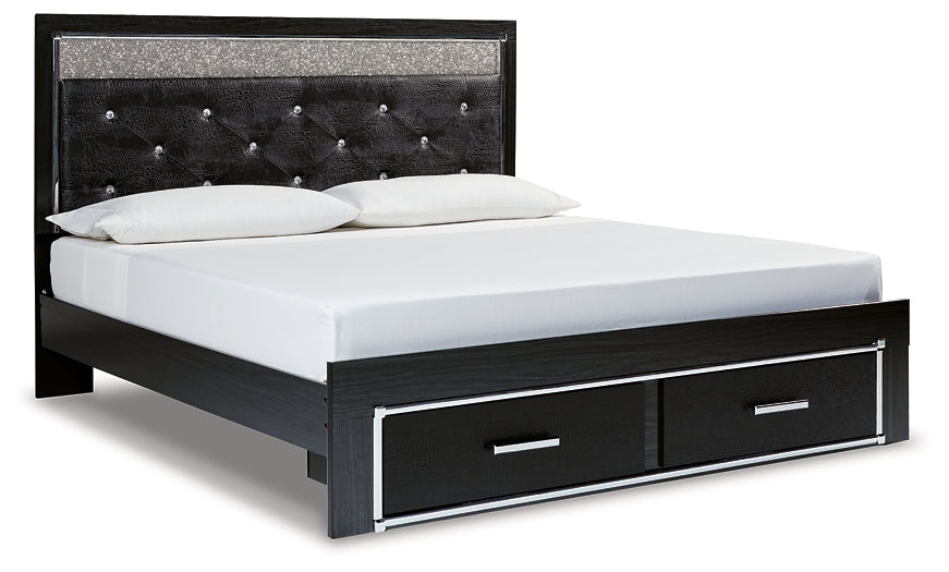 Kaydell King Upholstered Panel Storage Bed with Mirrored Dresser, Chest and Nightstand Tuscaloosa Furniture Outlet