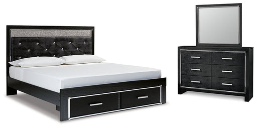 Kaydell King Upholstered Panel Storage Bed with Mirrored Dresser Tuscaloosa Furniture Outlet