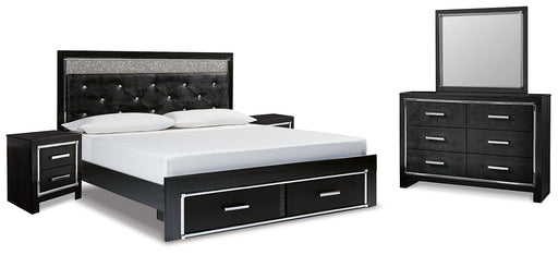 Kaydell King Upholstered Panel Storage Bed with Mirrored Dresser and 2 Nightstands Tuscaloosa Furniture Outlet