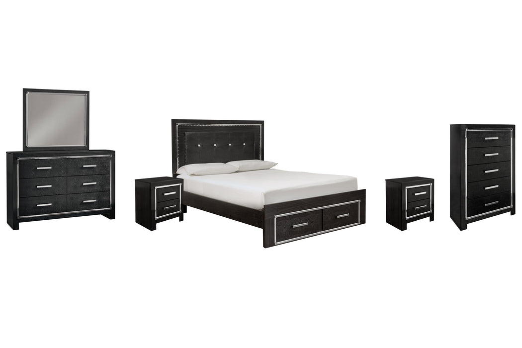 Kaydell Queen Panel Bed with Storage with Mirrored Dresser, Chest and 2 Nightstands Tuscaloosa Furniture Outlet