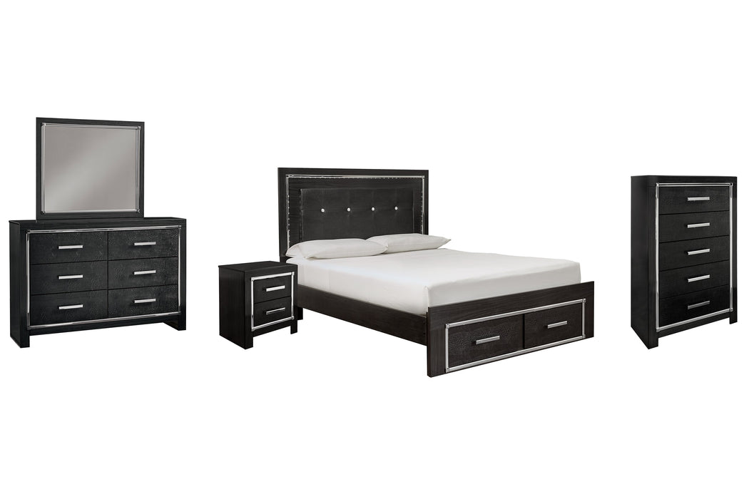 Kaydell Queen Panel Bed with Storage with Mirrored Dresser, Chest and Nightstand Tuscaloosa Furniture Outlet