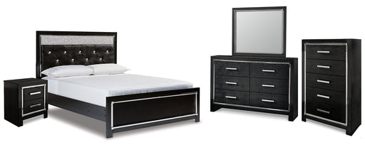 Kaydell Queen Upholstered Panel Bed with Mirrored Dresser, Chest and Nightstand Tuscaloosa Furniture Outlet