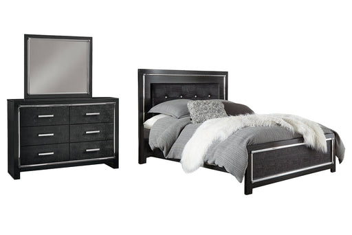 Kaydell Queen Upholstered Panel Bed with Mirrored Dresser Tuscaloosa Furniture Outlet