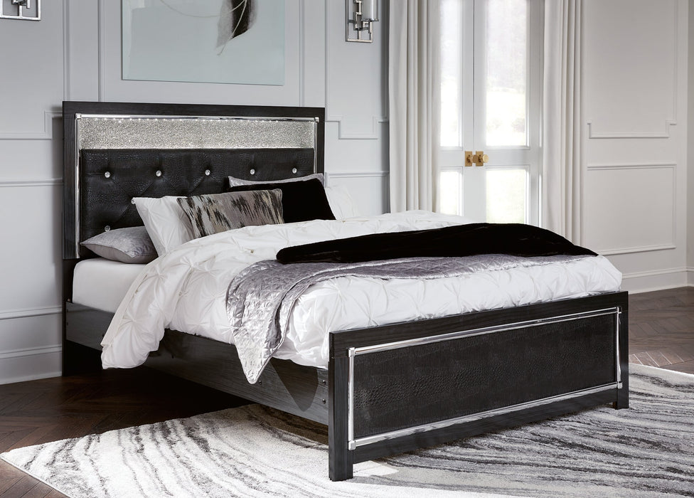 Kaydell Queen Upholstered Panel Bed with Mirrored Dresser and 2 Nightstands Tuscaloosa Furniture Outlet