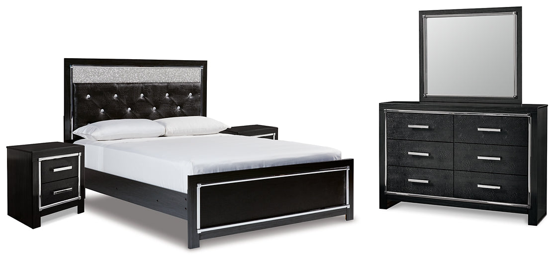 Kaydell Queen Upholstered Panel Bed with Mirrored Dresser and 2 Nightstands Tuscaloosa Furniture Outlet