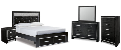 Kaydell Queen Upholstered Panel Storage Bed with Mirrored Dresser, Chest and Nightstand Tuscaloosa Furniture Outlet