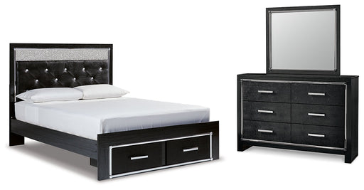 Kaydell Queen Upholstered Panel Storage Bed with Mirrored Dresser Tuscaloosa Furniture Outlet